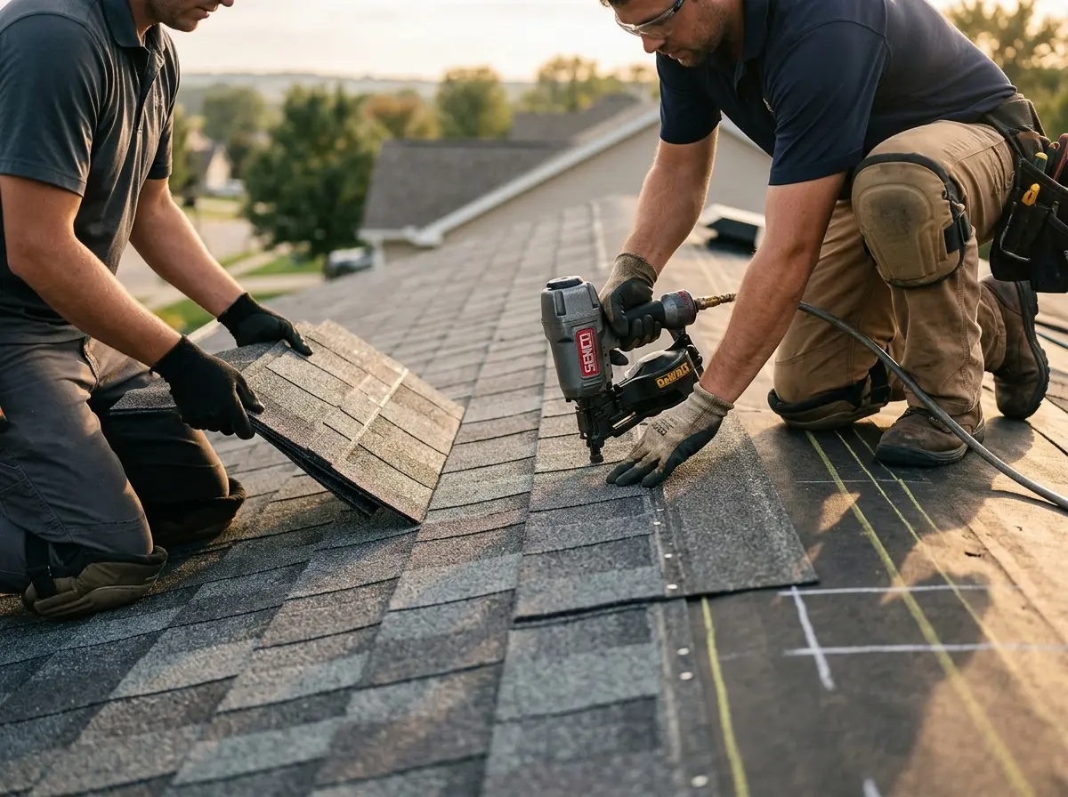 Professional roofer working on a residential roof in South Charleston